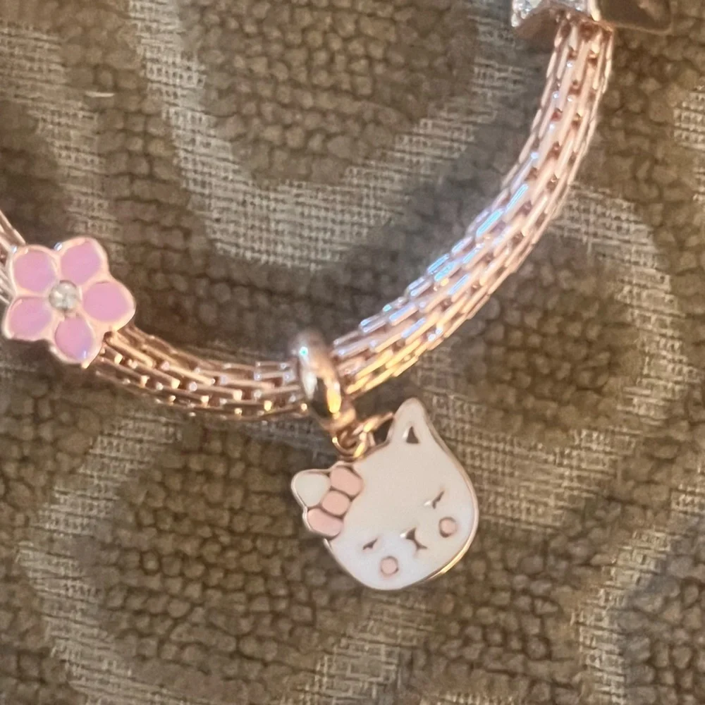 (kids) 🎉Rose Gold Cat Heart Star Crystal Charm Bracelet & Cat Ring